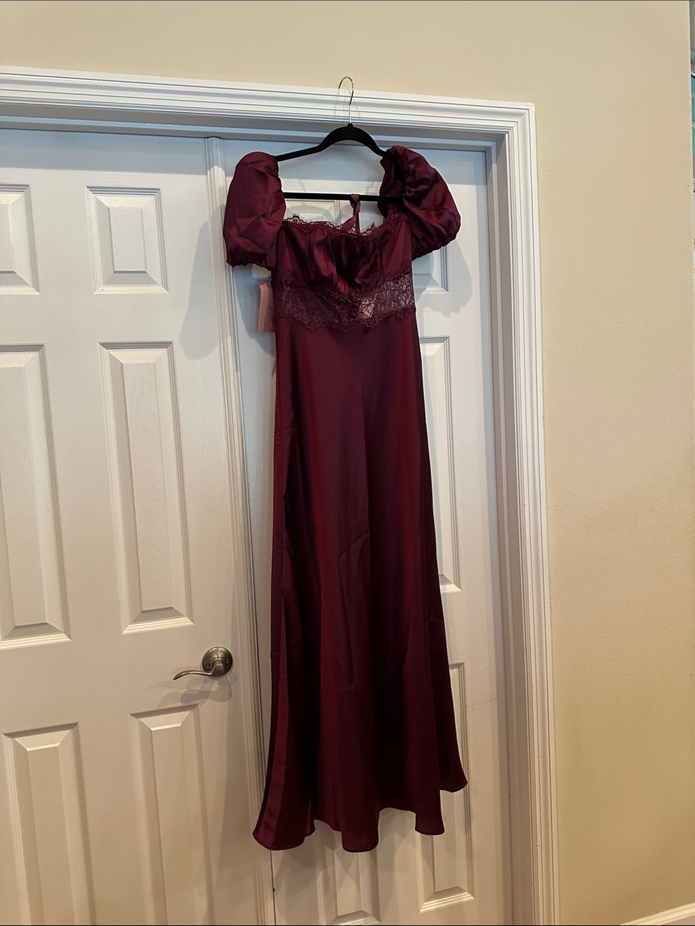 Anthropologie Wine Red Puff-Sleeve Satin Maxi Dress